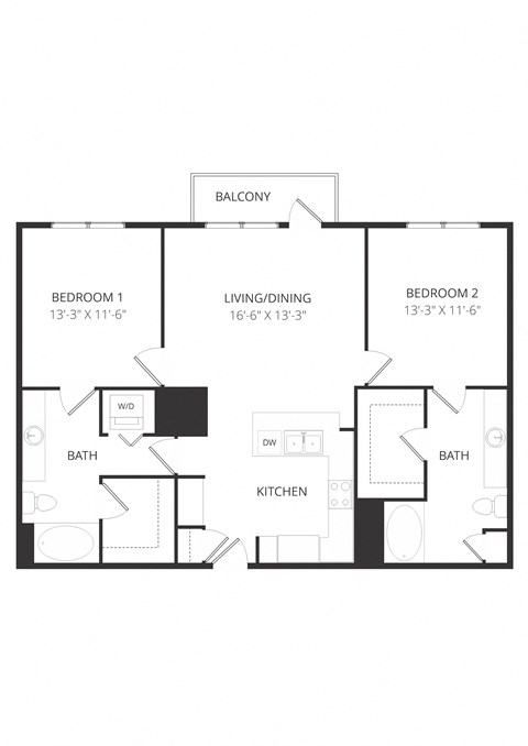 Floor plan for 2 beds, 2 baths, 1169 sqft